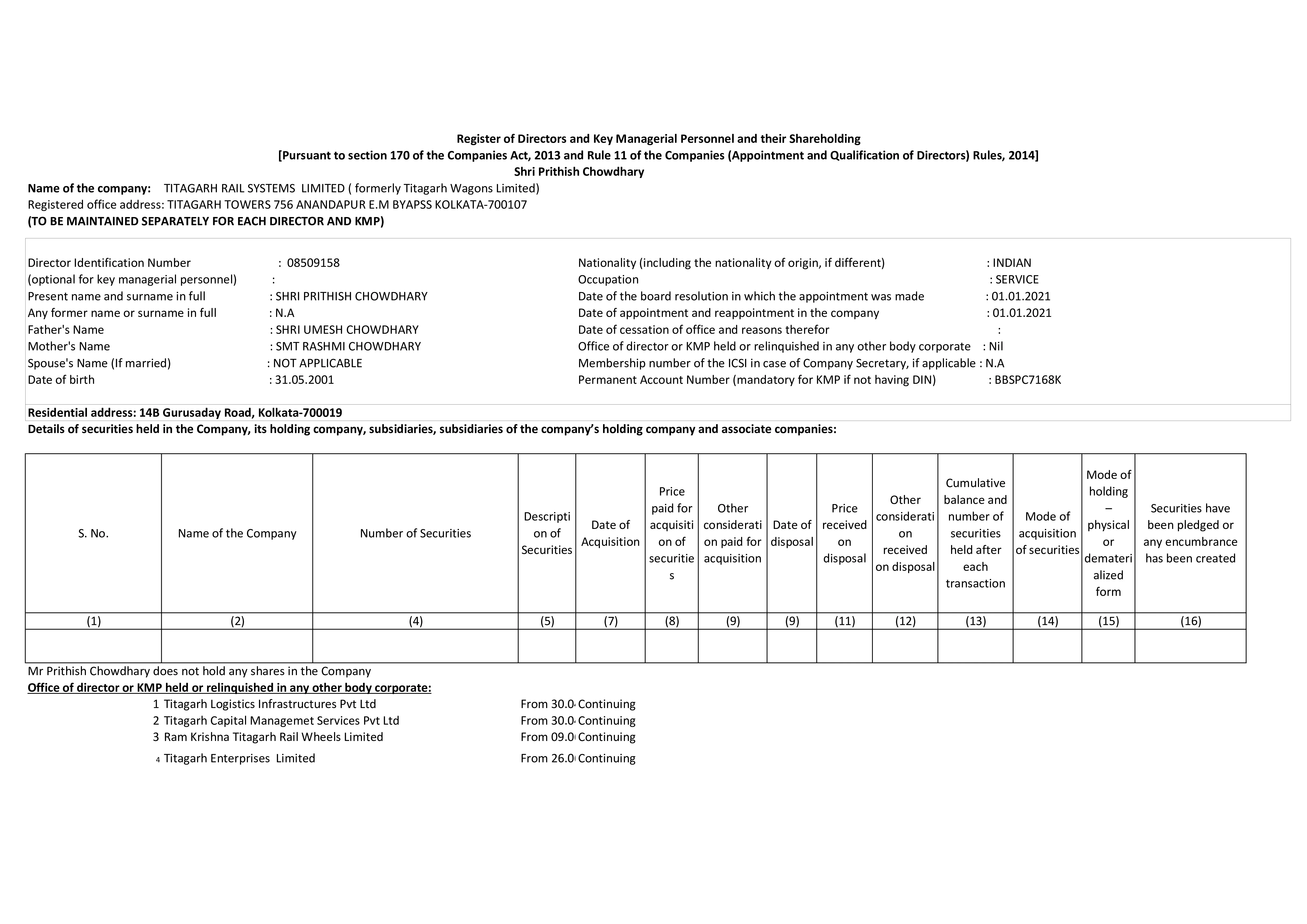 Details of securities held in the Company, its holding company, subsidiaries, subsidiaries of the company’s holding company and associate companies